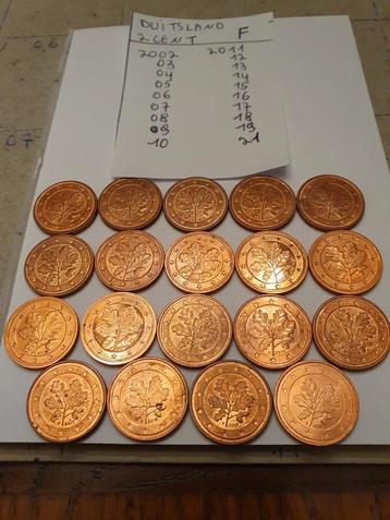 19 munten van 2 cent munthuis F van Duitsland  beschikbaar voor biedingen