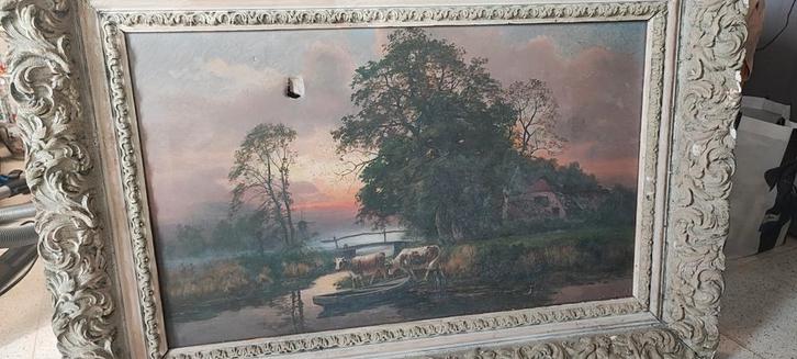 Olie schilderij op doek koeien aan de waterkant, Antiek en Kunst, Kunst | Schilderijen | Klassiek, Ophalen of Verzenden