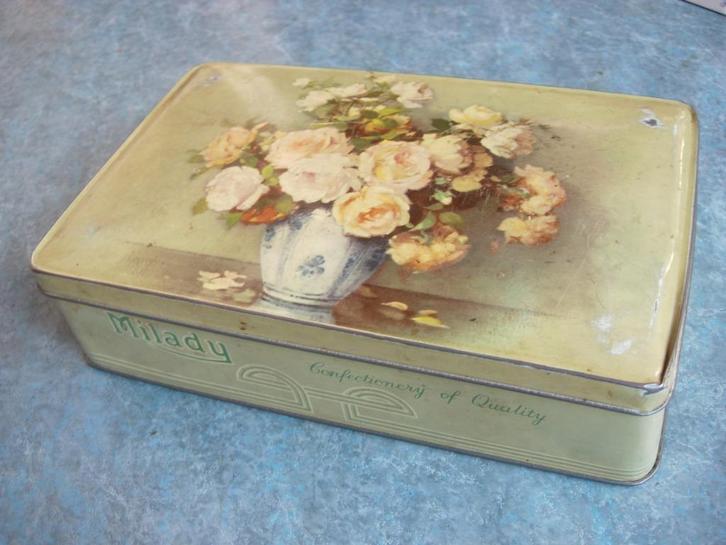 Groene koekendoos Milady, Verzamelen, Blikken, Gebruikt, Overige, Overige merken, Ophalen of Verzenden