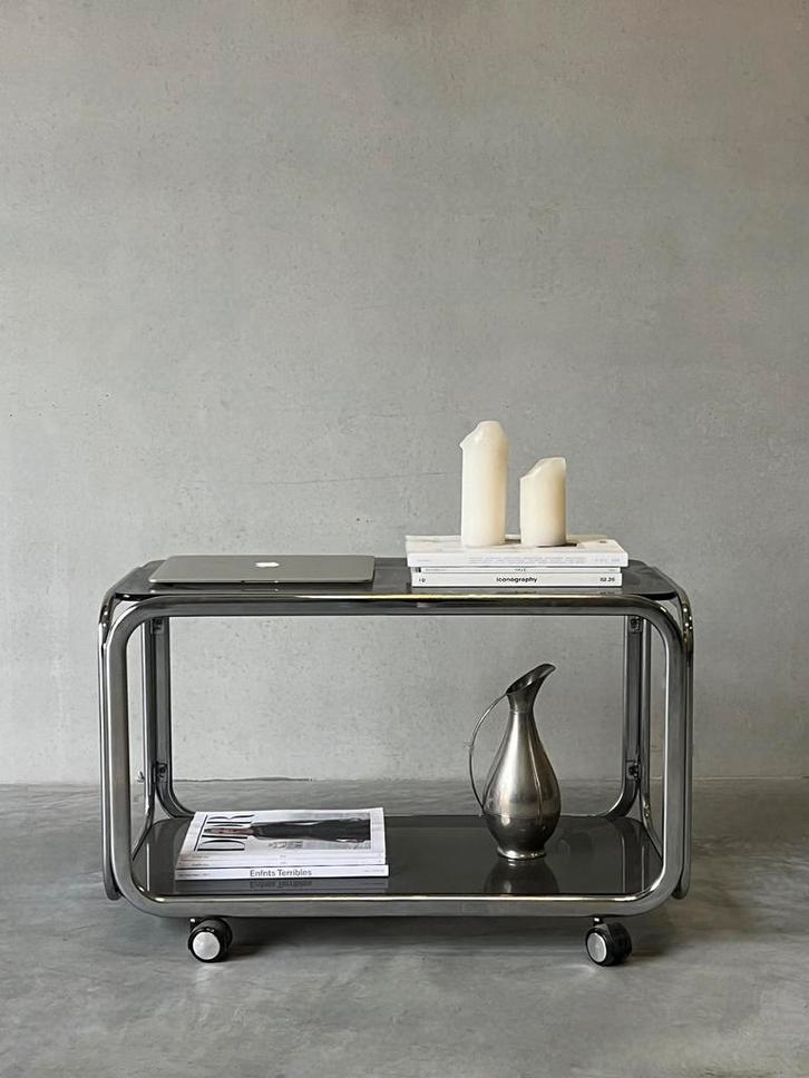 Vintage chroom salontafel / trolley met gerookt glas, Maison & Meubles, Tables | Tables d'appoint, Comme neuf, Verre, Enlèvement