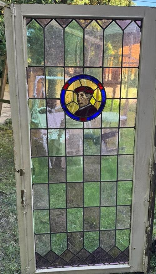 Oude glas-in-loodramen medaillons drukpers Martens Gutenberg, Antiek en Kunst, Antiek | Glaswerk en Kristal, Ophalen