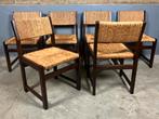 6 houten stoelen biezen donker hout vintage Pastoe Spectrum, Huis en Inrichting, Ophalen, Gebruikt, Bruin, Vijf, Zes of meer stoelen