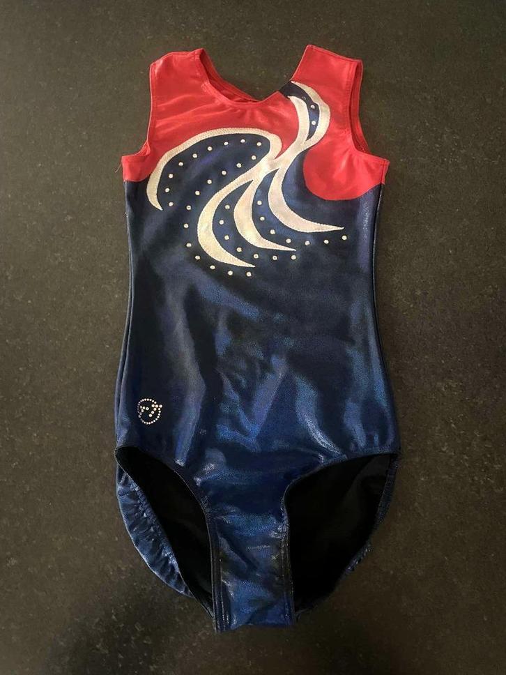 Blauw rood turnpak - TT Gymnastics - maat 152, Sport en Fitness, Turnen, Zo goed als nieuw, Turnpak(je), Kindermaat 146 t/m 176
