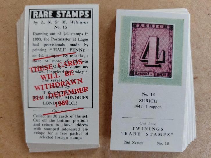 Rare Stamps 2e serie complete set 30 chromos Twinings 1961, Collections, Photos & Gravures, Gravure, Autres sujets/thèmes, 1960 à 1980