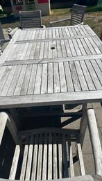 Tuintafel met 7 stoelen en kussen teak, Tuin en Terras, Ophalen, Gebruikt, Rechthoekig, Hout