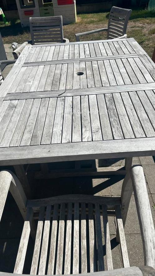Tuintafel met 7 stoelen en kussen teak, Tuin en Terras, Tuintafels, Gebruikt, Rechthoekig, Hout, Ophalen