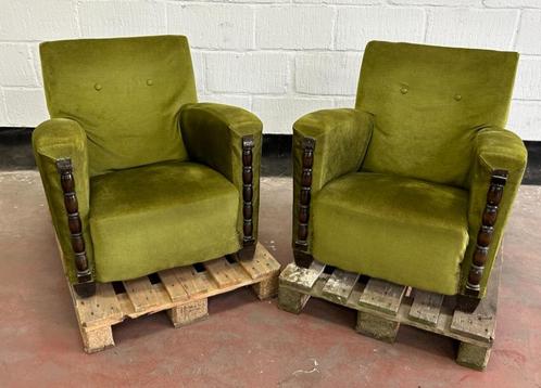 Art-deco fauteuils, groene velours 1920-1950s, Antiek en Kunst, Antiek | Meubels | Stoelen en Sofa's, Ophalen of Verzenden