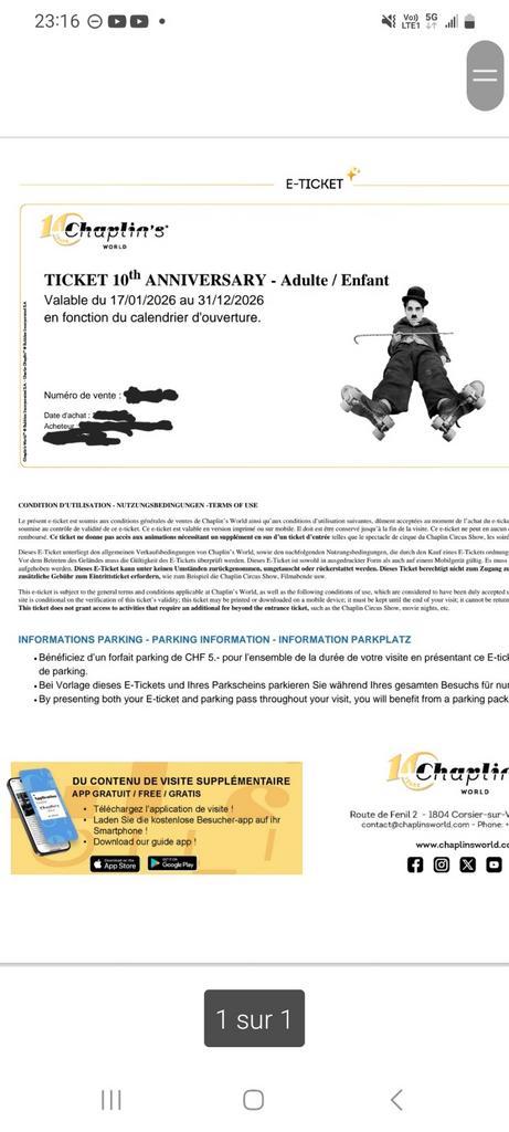 TICKETS MUSÉE CHAPLIN'S WORLD, Tickets & Billets, Réductions & Chèques cadeaux