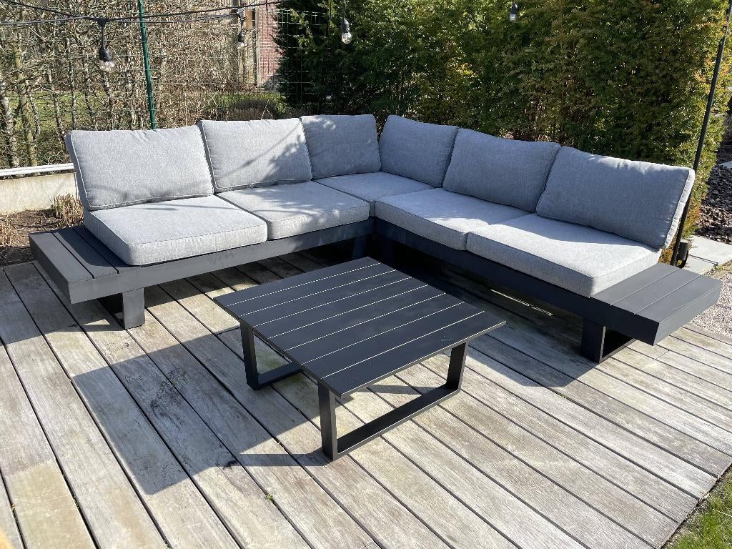Vinci loungeset - 5 pers., zwart aluminium, kussens en tafel, Tuin en Terras, Ophalen, 5 zitplaatsen, Gebruikt, Aluminium