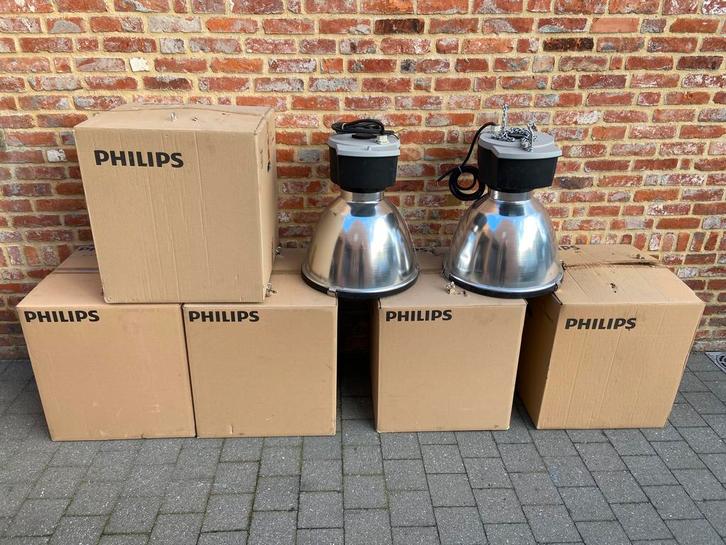 7 lampes industrielles Philips Cabana 2 400 W, Maison & Meubles, Lampes | Suspensions, Comme neuf, Métal, Enlèvement