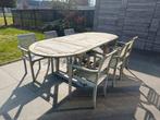 Tuintafel teak ovaal 100x240cm, 6 tuinstoelen en kussentjes, Tuin en Terras, Ophalen, Gebruikt, 6 zitplaatsen, Teakhout
