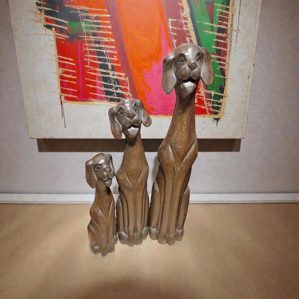 Trois belles statues vintage en bois représentant des chiens, Antiquités & Art, Enlèvement ou Envoi