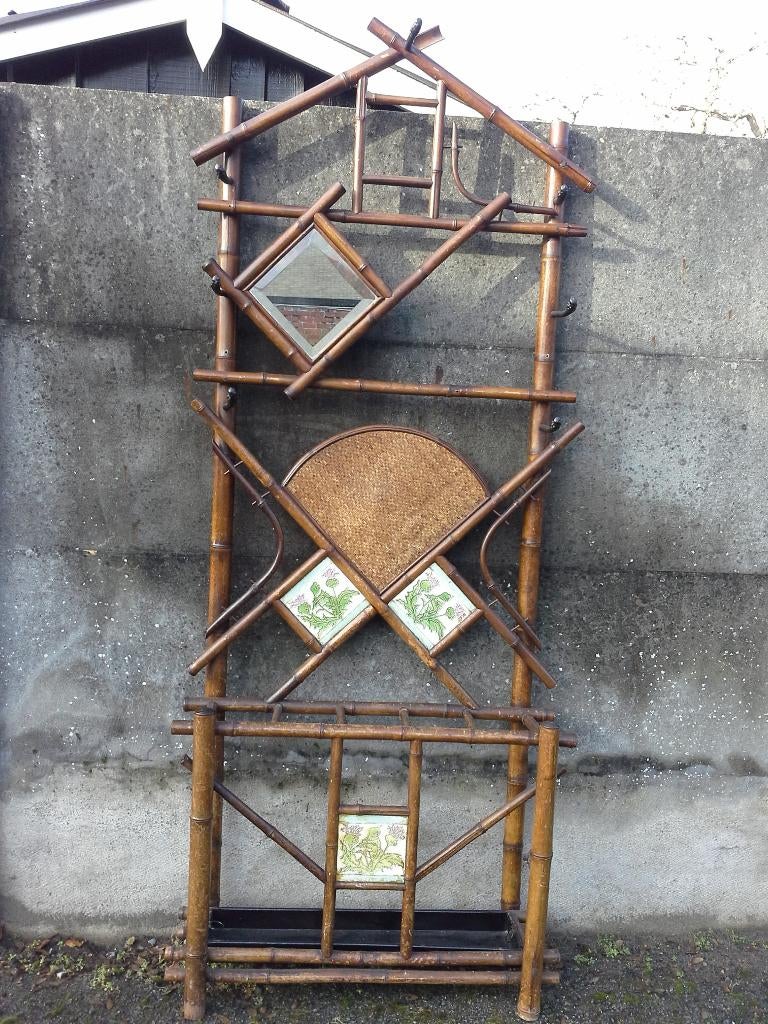 Bamboo hallkapstok, spiegel, paraplubak., Antiek en Kunst, Curiosa en Brocante, Ophalen