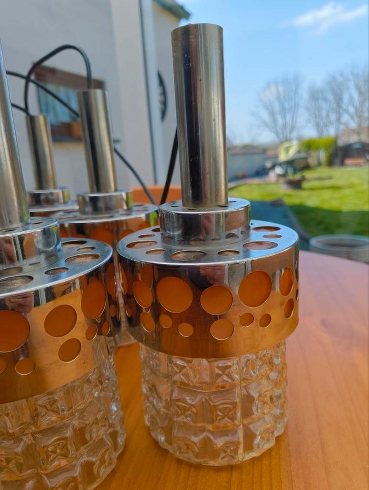 Suspension Space age 5 lampes chrome et verre., Maison & Meubles, Lampes | Autre, Enlèvement