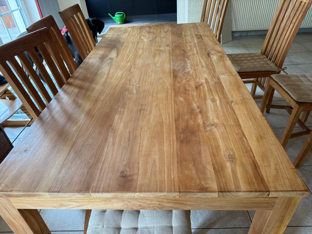 Grande table avec 8 chaises en bois d'hévéa, Teck, Comme neuf, Enlèvement, 50 à 100 cm