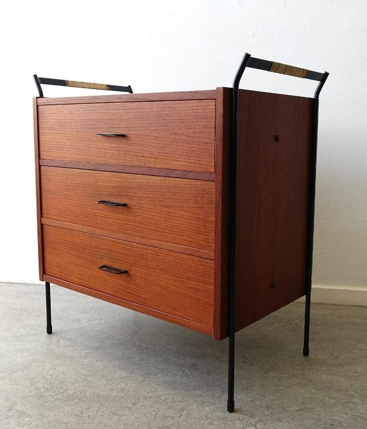 Vintage ladekast Mid-Century teak hout 60's zwart metaal, Huis en Inrichting, Kasten | Ladekasten, Gebruikt, 3 of 4 laden, Ophalen