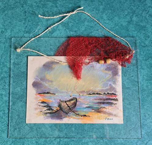 Pastelschildering onder plexi: de boot, Antiek en Kunst, Kunst | Schilderijen | Klassiek, Ophalen of Verzenden