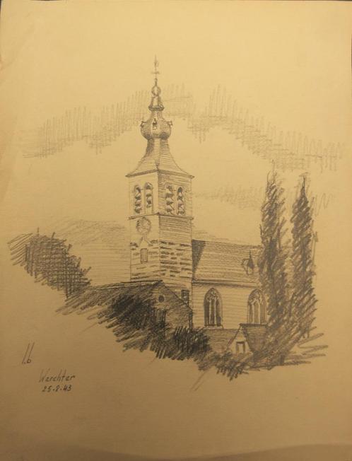 Tekening L. Boschmans - Werchter St..Jan Baptistkerk, Antiek en Kunst, Kunst | Schilderijen | Klassiek, Ophalen of Verzenden