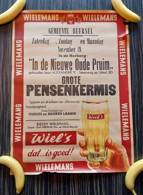 Affiche Wielemans Gueuze Kriek Pensenkermis Beersel des anné, Collections, Marques de bière, Utilisé, Panneau, Plaque ou Plaquette publicitaire