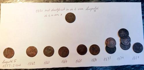 13x Belg.munten Leopold II, 1857-1875 + 1met drukfout, Verzamelen, Overige Verzamelen, Gebruikt, Verzenden