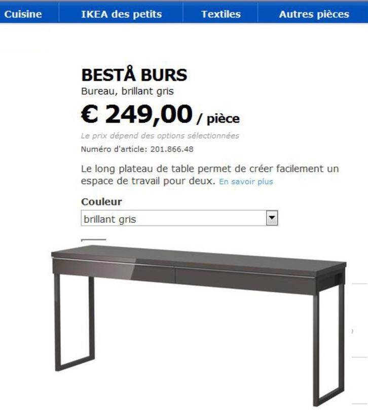 Bureau Ikea Besta Burs gris brillant presque neuf., Huis en Inrichting, Bureaus, Zo goed als nieuw, Bureau, Ophalen