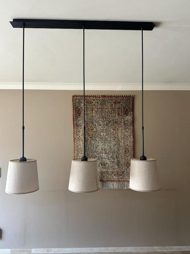 Hanglamp met 3 katoenen kappen, Huis en Inrichting, Lampen | Hanglampen, Zo goed als nieuw, 75 cm of meer, Metaal, Stof, Ophalen