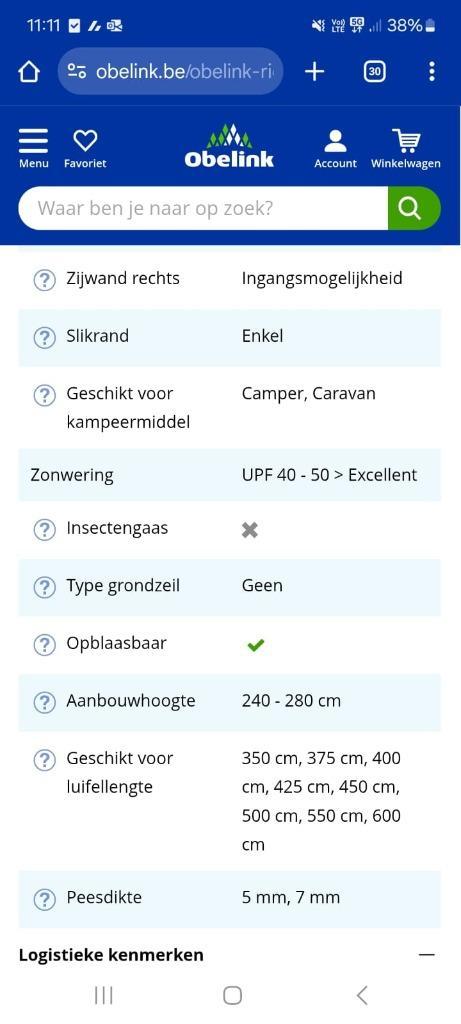 Obelink rio 320 voortent en airtubes, Caravans en Kamperen, Voortenten en Luifels, Nieuw, Overige merken, Ophalen