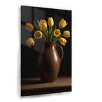 Bruine vaas met gele tulpen Glasschilderij 100x150cm + Ophan, Huis en Inrichting, Woonaccessoires | Schilderijen, Tekeningen en Foto's