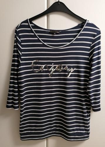 Blauw/wit gestreepte T-shirt met 3/4 mouwen "ENJOY", M beschikbaar voor biedingen