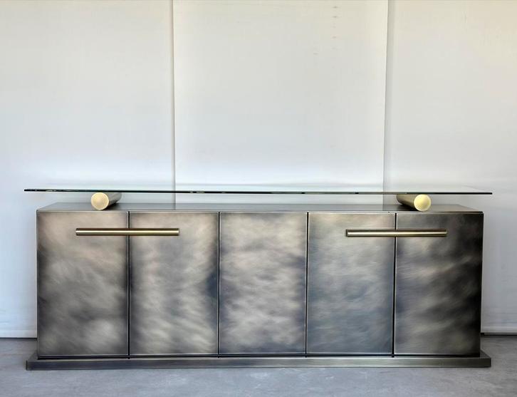Belgochrom dressoirkast, inox, 1980’s, Huis en Inrichting, Kasten | Dressoirs, Glas, Metaal, Ophalen