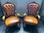 2 Louis XV stijl fauteuils hout& leder cognac kleur, Huis en Inrichting, Fauteuils, Ophalen, Gebruikt, Minder dan 75 cm, Hout