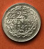 Nederlandsche zilveren 25 Cent 1940, Zilver, Koningin Wilhelmina, Ophalen of Verzenden, Losse munt