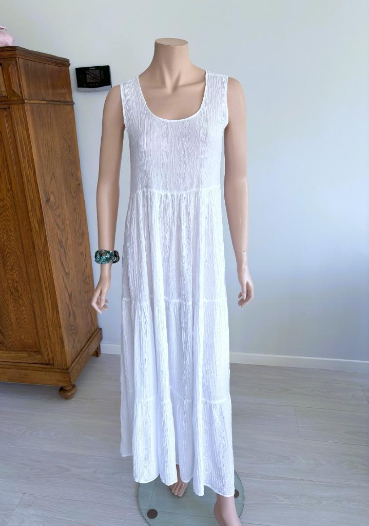Antoine B. - Zomers, stijlvol & uniek – crinkle jurk, Kleding | Dames, Jurken, Zo goed als nieuw, Maat 38/40 (M), Wit, Onder de knie