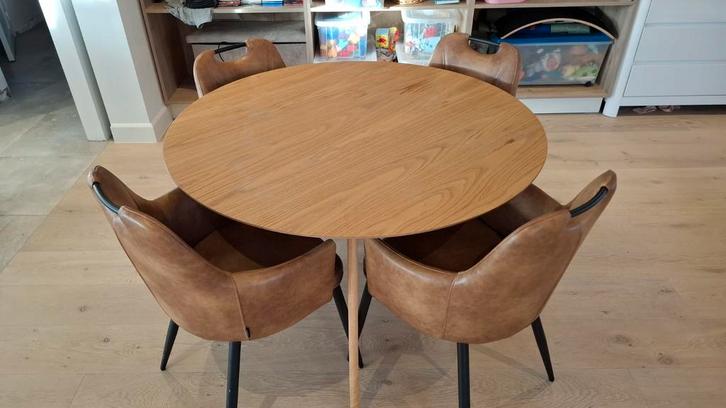 Ronde Fineer Tafel (120 cm) & 4 Cognac Kuipstoelen, Huis en Inrichting, Tafels | Eettafels, Zo goed als nieuw, Ophalen