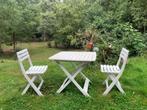 Wit bistro tafeltje met twee stoelen, Tuin en Terras, Ophalen of Verzenden, Zo goed als nieuw, Kunststof, Inklapbaar