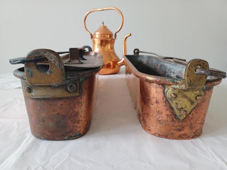 2 koperen terrines voor bereiding van eten in de open haard, Antiek en Kunst, Antiek | Keukengerei, Ophalen of Verzenden