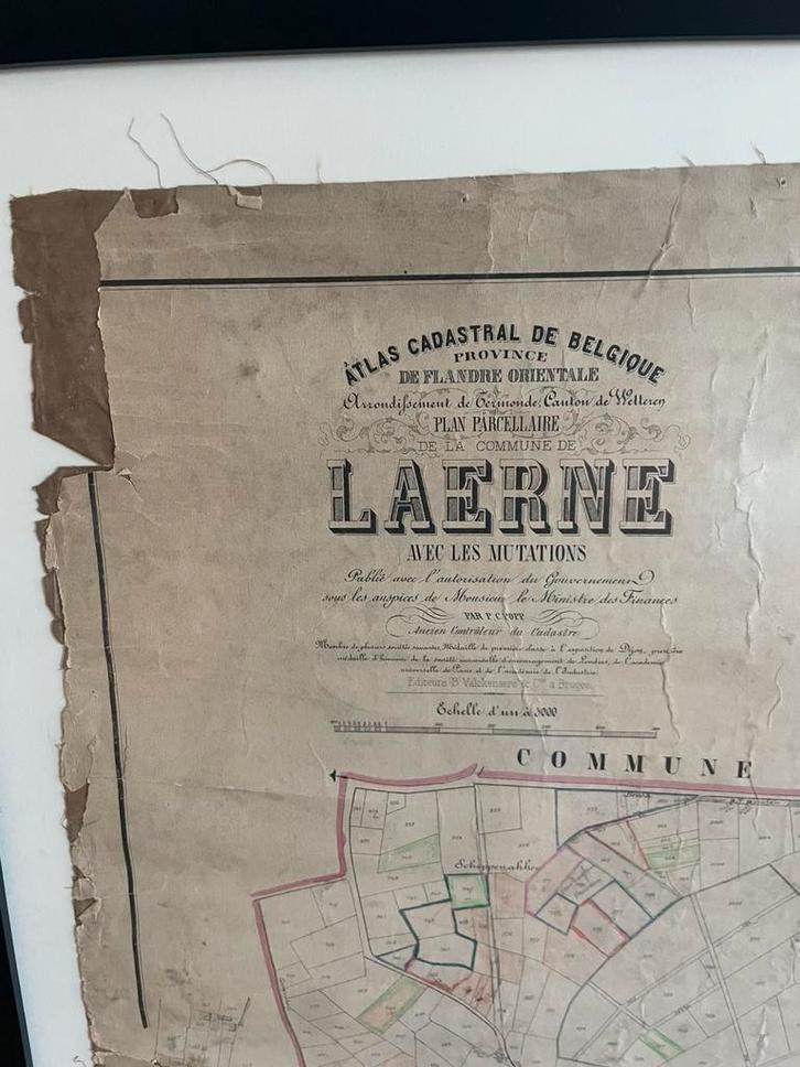 Oud Kadasterplan van Laarne, Huis en Inrichting, Woonaccessoires | Lijsten, Gebruikt, 75 cm of meer, 75 tot 100 cm, Overige materialen