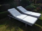 Houten ligzetels met kussens., Jardin & Terrasse, Chaises longues, Enlèvement, Utilisé, Bois de teck, Réglable