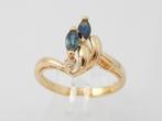 18 karaat Gouden Damesring Ring met 2 Saffieren en Diamant, Avec pierre précieuse, Or, Femme, 17 à 18