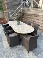 Tuintafel + stoelen en bijhorende kussentjes voor 8 personen, Ophalen, Gebruikt, Eettafel, 8 zitplaatsen