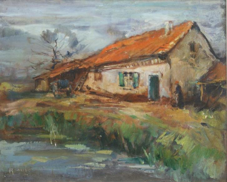 Jules Rambo (1896-1974): Hoevezicht (69 x 59 cm), Antiek en Kunst, Kunst | Schilderijen | Klassiek, Ophalen of Verzenden