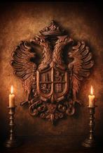 Antiek Handgesneden middeleeuwse stijl houten wapenschild, Antiek en Kunst, Ophalen