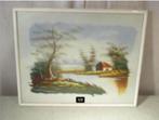 Mooi Oud Geschilderd Werk 'Hoeve en Rivier' - 52x42, Ophalen of Verzenden