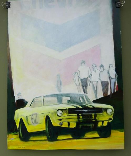 Schilderij acrylverf Ford Mustang race auto circuit Zolder, Antiquités & Art, Art | Peinture | Moderne, Enlèvement ou Envoi