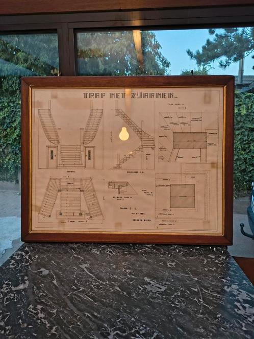 1939 TECHNISCHE TEKENING - TRAP MET ZIJARMEN - IN KADER 1939, Antiek en Kunst, Kunst | Overige Kunst, Ophalen
