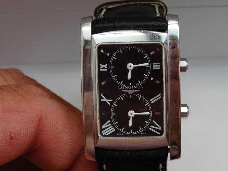 Zeldzame Longines Dolcevita dubbele tijdzone, Handtassen en Accessoires, Horloges | Heren, Gebruikt, Polshorloge, Staal, Leer