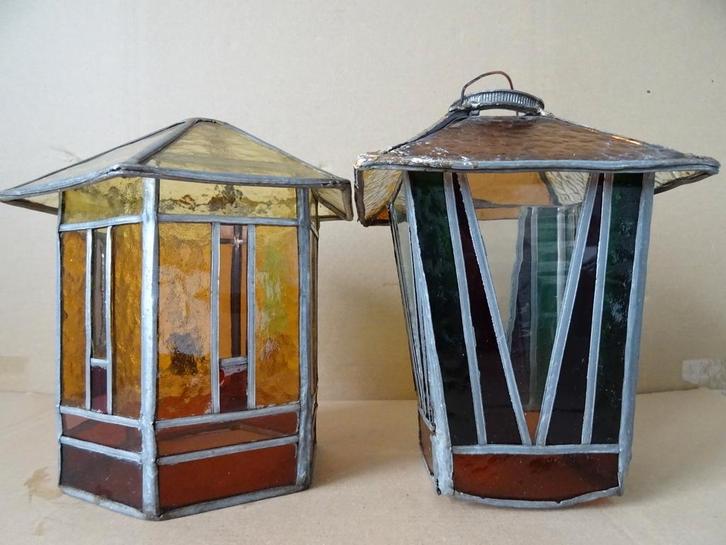 Amsterdamse school antieke glas in lood hanglamp 23cm set, Antiek en Kunst, Antiek | Verlichting, Ophalen of Verzenden