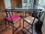 IJzeren tafel met glazen tafelblad en 4 stoelen met kussens, 50 tot 100 cm, 100 tot 150 cm, Gebruikt, Rechthoekig