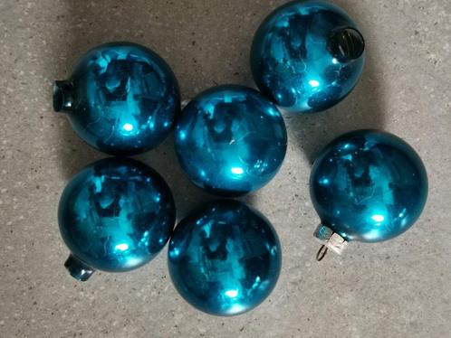 6 boules de Noël anciennes en verre bleu 6cm, Divers, Noël, Utilisé, Enlèvement ou Envoi
