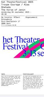 Theaterfestival - The horse of Jenin, Tickets en Kaartjes, Theater | Toneel, Dans en Opera, Eén persoon, September, Toneel